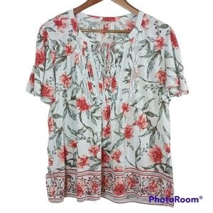 Lucky Brand White Floral Short-Sleeve Boho Front Tie Top Size XL